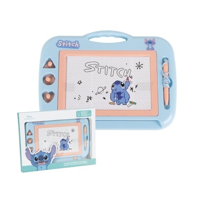 Quadro magnético de desenho Stitch azul e cor de pêssego com caneta e formas geométricas, em embalagem azul clara