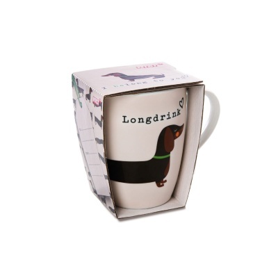 Caneca branca com cão Dachshund e texto Longdrink na embalagem