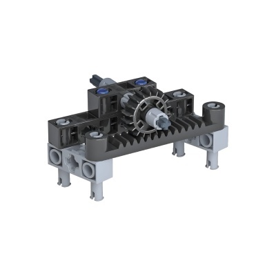 Peça mecânica modular em plástico preto e cinzento com engrenagens e suportes