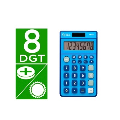 Calculadora azul com visor e botões visíveis ao lado de logotipos verdes com números e símbolos