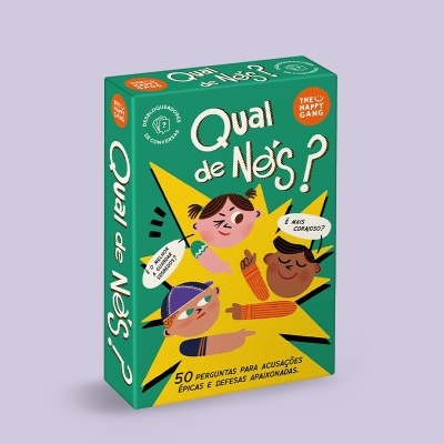Embalagem de jogo de cartas 'Qual de Nós?' com cores verde e amarela e ilustrações de crianças