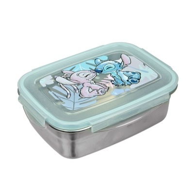 Caixa de armazenamento retangular com tampa azul e estampa de Stitch e Angel