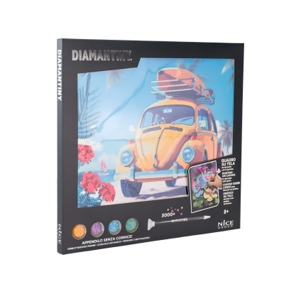 Caixa de quebra-cabeças Diamantiny com imagem de carro amarelo e bagagem no teto, fundo azul, flores vermelhas, 3000 peças.