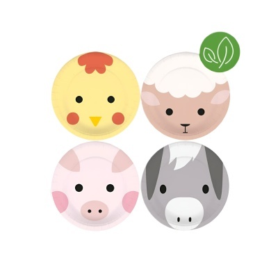 Pratos de papel com desenhos de animais da quinta em amarelo, branco, rosa e cinza
