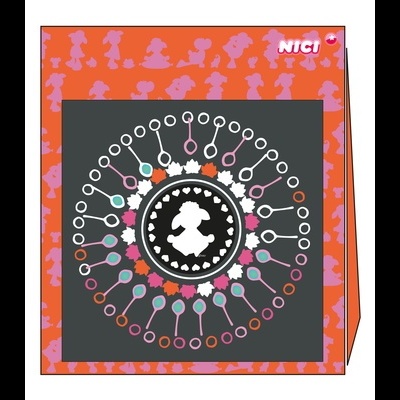 caixa de alfinetes coloridos com embalagem laranja e padrão de silhuetas NICI