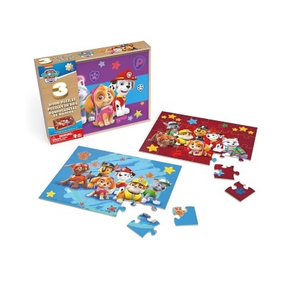 Puzzles de madeira Paw Patrol com personagens coloridos e embalagem visível