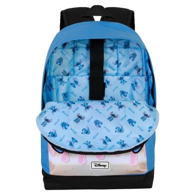 Mochila azul com interior estampado de personagens Stitch
