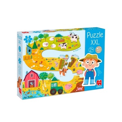 Caixa de quebra-cabeças XXL com ilustração colorida de quintal e diversos animais.