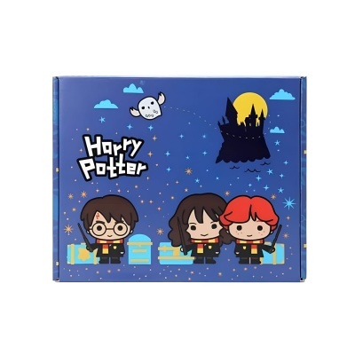 Caixa azul com personagens de Harry Potter em desenho animado e texto Harry Potter