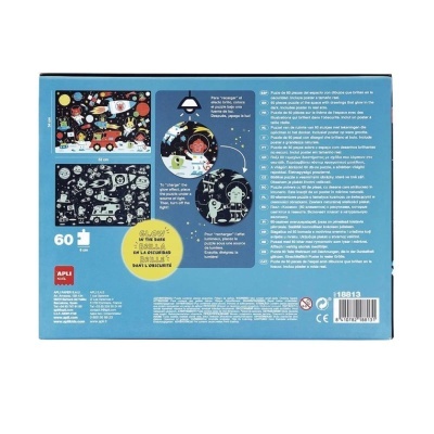 Caixa azul de puzzle com imagens de astronautas e espaço, texto multilingue e número 118813