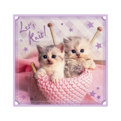 Dois gatinhos num cesto com tricô rosa e agulhas de tricô, com texto 'Let's Knit!'