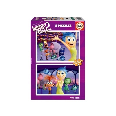 Caixa de puzzles Inside Out 2 com 2 puzzles de 100 peças cada, personagens coloridos em fundo roxo