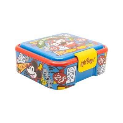 Lancheira de metal colorida com desenhos e texto