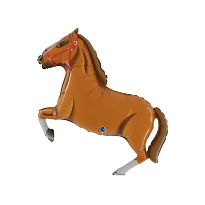 Balão castanho em forma de cavalo com arreio vermelho e ferraduras cinzentas