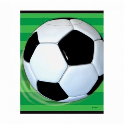 Guardanapo com imagem de bola de futebol preto e branco sobre fundo verde às riscas