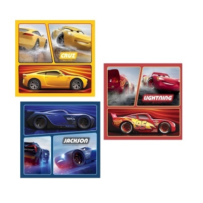 Autocolantes de carros animados amarelo, vermelho e azul com nomes cruz, lightning e jackson