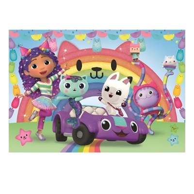 Personagens animados coloridos com carro roxo e arco-íris sorridente ao fundo