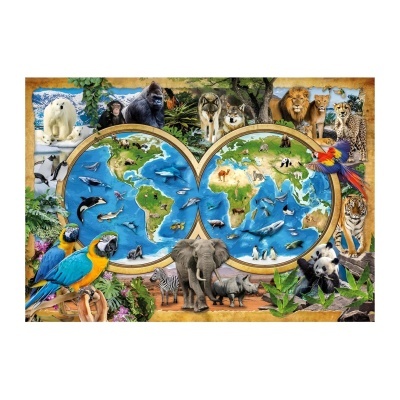 Quebra-cabeça colorido com mapa-múndi e diferentes animais ao redor.