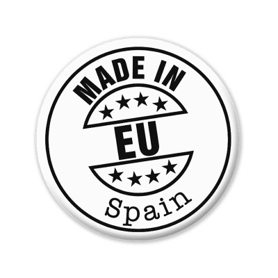 Selo redondo branco com texto 'MADE IN EU Spain' e estrelas pretas