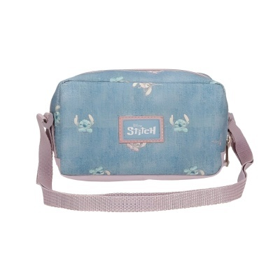 Bolsa azul claro com padrão do Stitch e alça rosa claro