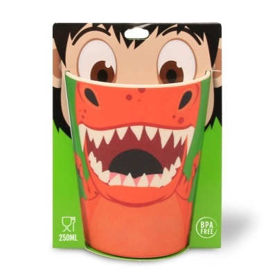 Copo infantil de plástico com design de dinossauro vermelho e embalagem verde