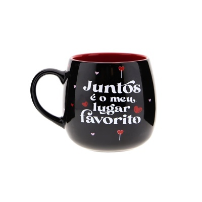 Caneca preta com texto e corações, interior vermelho