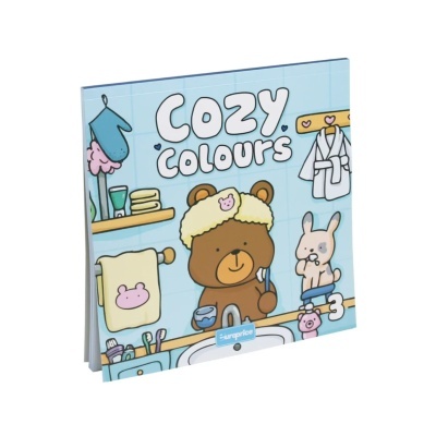 Capa de livro de colorir infantil azul com desenho de urso e coelho