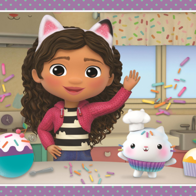 Personagem animada com orelhas de gato e doces animados numa cozinha colorida