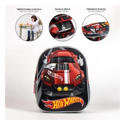 Mochila infantil preta e vermelha com carro 3D em EVA Hot Wheels