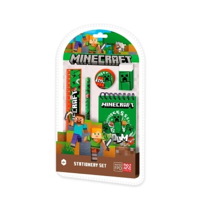 Set de papelaria Minecraft com régua, lápis, apontador, borracha, botão e bloco de notas embalados