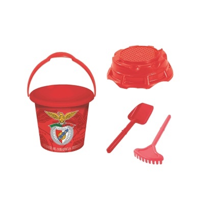 Conjunto de brinquedo de praia vermelho com balde, peneira, pá e ancinho do SL BENFICA