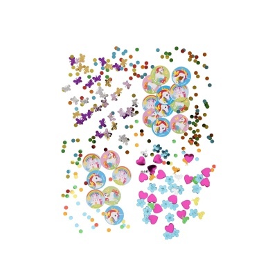 Confetis coloridos com formas diversas e imagens de unicórnios