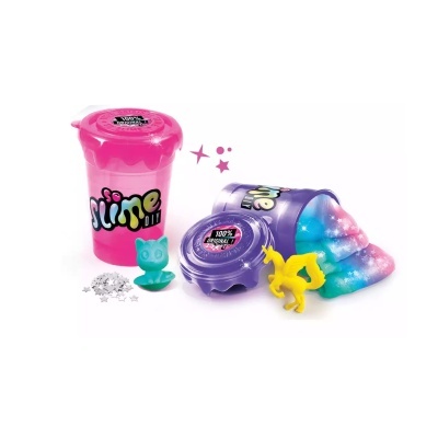 Conjunto de Slime DIY com copos rosa e roxo, slime colorido multicolor e figuras de gato azul e unicórnio amarelo