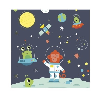 Desenho de macaco astronauta e alienígenas no espaço com planetas e satélites