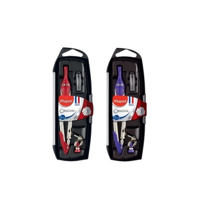 Conjunto de compassos Maped Origin com partes vermelhas e roxas em estojo preto