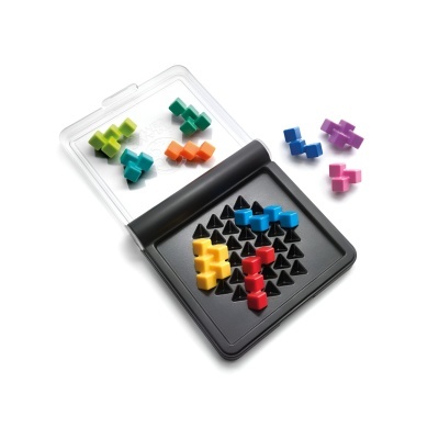 Jogo de puzzle colorido com tabuleiro preto e tampa transparente