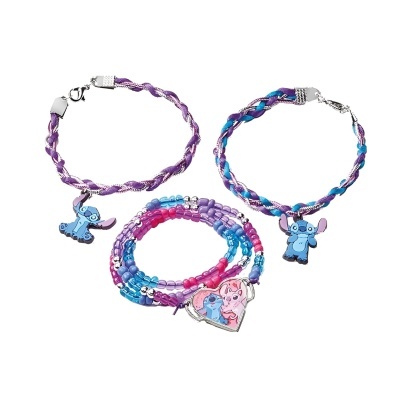 Conjunto de três pulseiras infantis coloridas com personagens Stitch e Angel