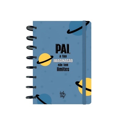 Caderno azul com planetas e texto motivacional para pai