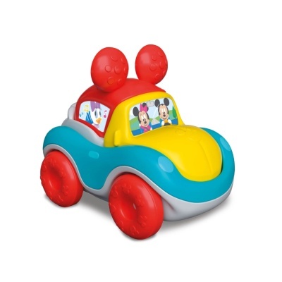Carro de brincar colorido com desenhos da Minnie, Mickey e Daisy e orelhas vermelhas no teto