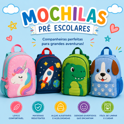 Quatro mochilas pré-escolares com designs de unicórnio, foguetão, dinossauro e cão sobre fundo azul.