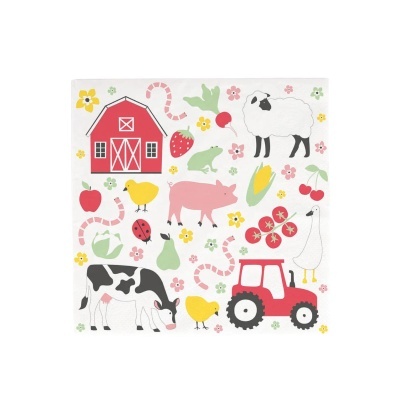 Toalha branca com estampas de animais e elementos da quinta coloridos