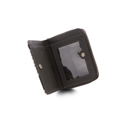 Carteira preta aberta com compartimento transparente