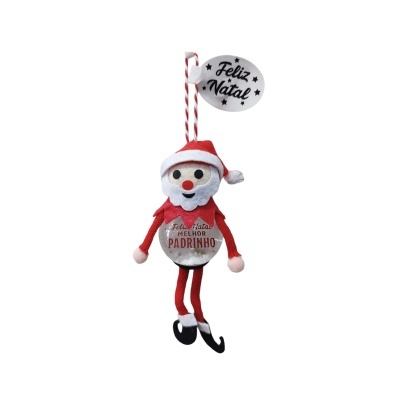 Boneco decorativo de Natal vermelho, branco e preto com texto para padrinho