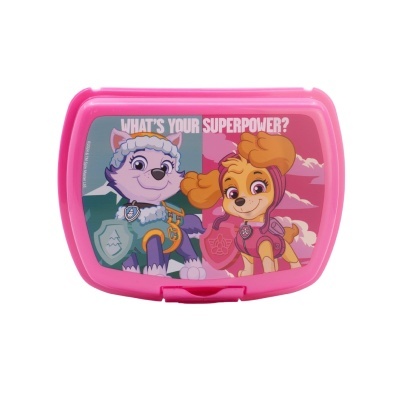 Lancheira rosa com personagens de cão e texto em inglês