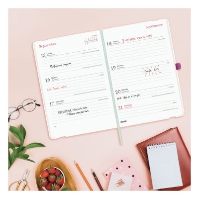 Agenda semanal aberta com anotações, cadernos, canetas, morangos e óculos sobre uma superfície rosa.