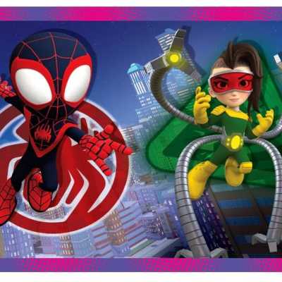 Duas personagens de animação em voo sobre cidade à noite