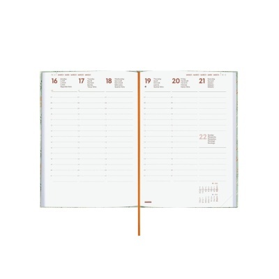 Agenda semanal aberta com marcador laranja e linhas para escrita