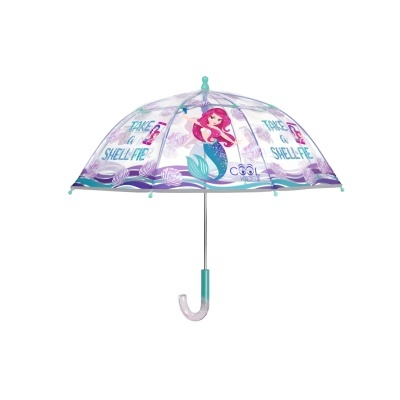 Guarda-chuva transparente com imagem de sereia e texto colorido