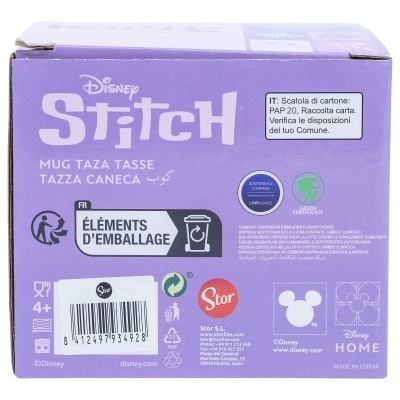 Caixa lilás Disney Stitch para caneca com texto e símbolos de reciclagem