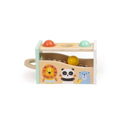 Brinquedo infantil de madeira com bolas coloridas e ilustrações de animais